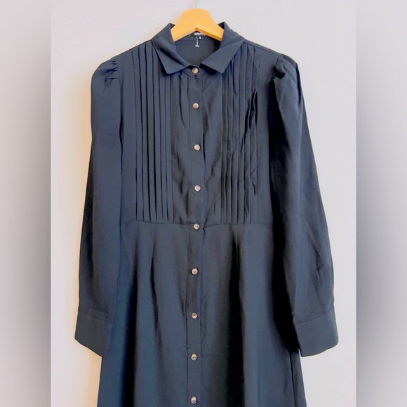 Black Pleated Long Sleeve Shirt Dress - Picture 2 of 11